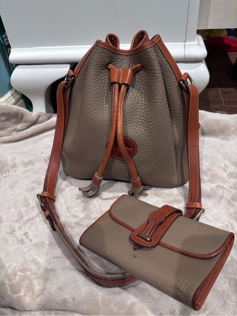 Taupe and Cognac Drawstring Bucket Bag with Matching Wallet